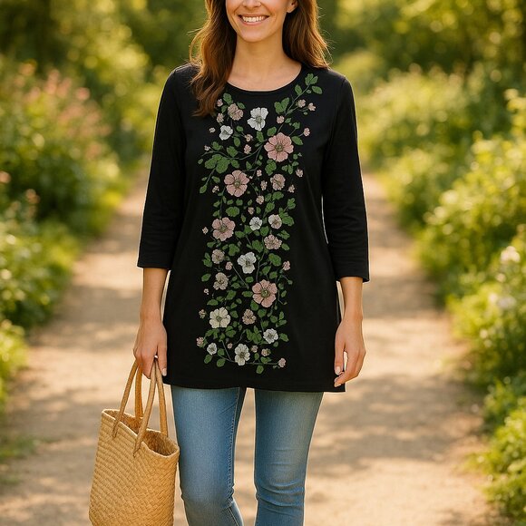 J.Jill Black Floral Print Tunic Top Small 3/4 Sleeve Cotton Modal Soft - Picture 1 of 10
